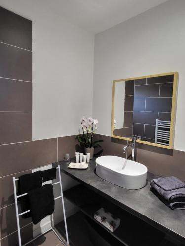 W łazience znajduje się umywalka i lustro. w obiekcie Le Repaire du Soleil w mieście Aigues-Mortes