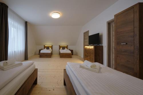 a hotel room with two beds and a television at Jonavos alpakų svečių namai in Jonava