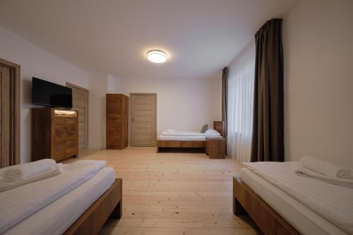 a hotel room with two beds and a television at Jonavos alpakų svečių namai in Jonava