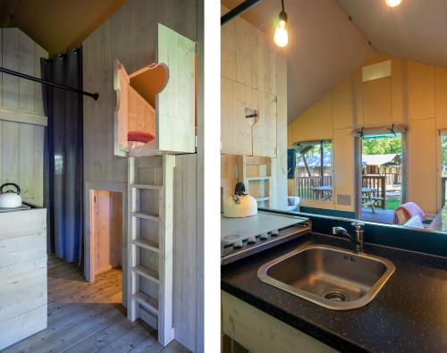 two images of a kitchen with a sink and a counter at Landgoed 't Wildryck in Diever