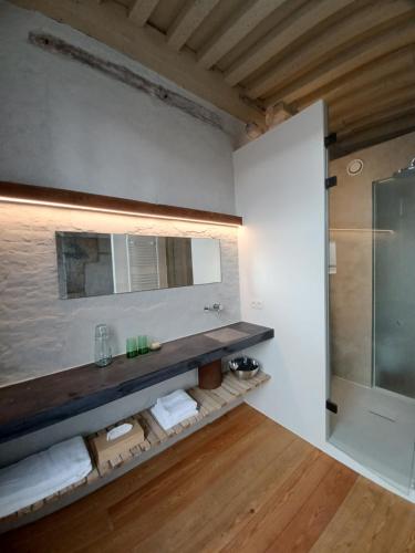 a bathroom with a sink and a mirror and a shower at De Zomere B&B in Bruges