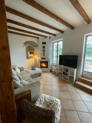 a living room with a couch and a fireplace at Villa Acacia in Vallauris