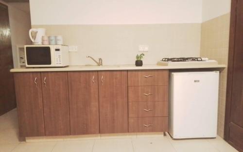 a kitchen with a sink and a microwave and a refrigerator at Nof glili Mansion in Yavneʼel