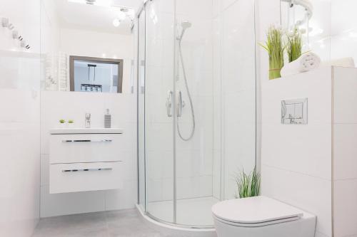a white bathroom with a shower and a toilet at DreamHouse Apartament „PIASKOWY” ul. Północna 18 C, Darłówko Wschodnie in Darłówko