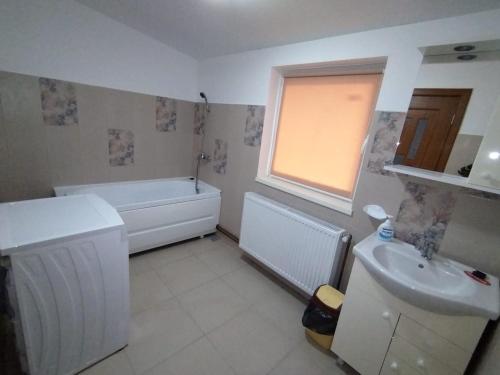 a bathroom with a tub and a sink and a bath tub at Casa Nico in Sărmaş