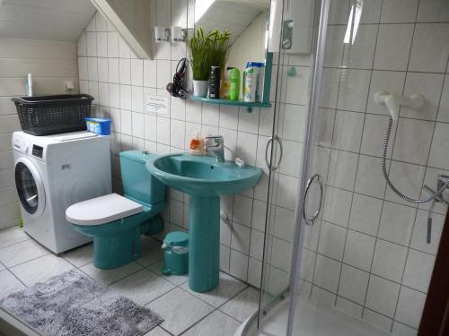 a bathroom with a sink and a toilet and a shower at Wohnung in der "Alten Post" in Hohenhameln