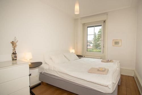 a white bedroom with a bed and a window at Spacious apartment next to park with free BaselCard in Basel