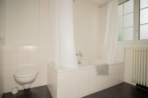 Un baño blanco con inodoro y bañera. en Spacious apartment next to park with free BaselCard, en Basilea