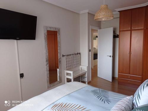 1 dormitorio con 1 cama, TV y espejo en Bermejo Apartamento, en Candás