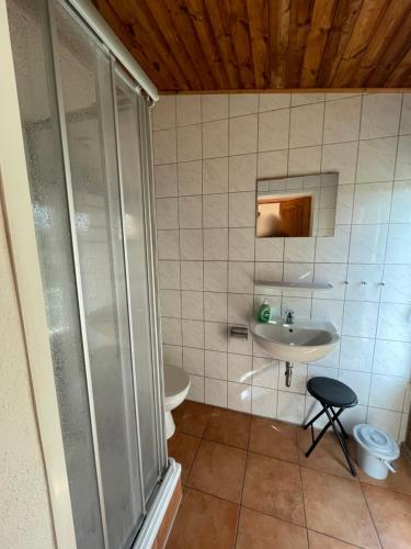 a bathroom with a sink and a shower at Ferienhaus am Steinmeister Turm in Naumburg