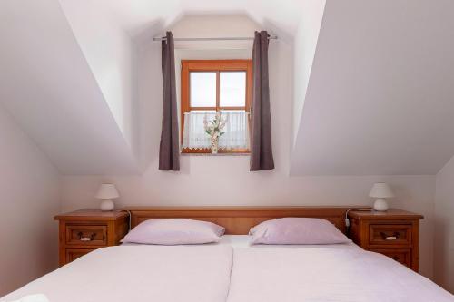 a bedroom with two beds and a window at Apartma Metka in Medvode