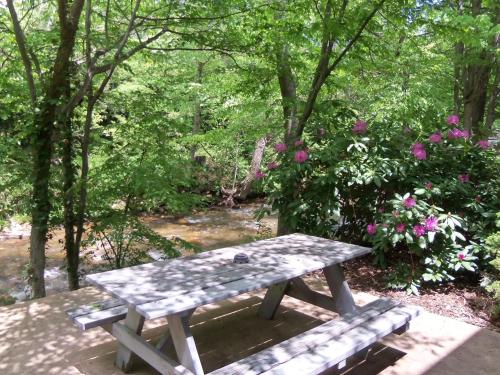 a stone picnic table sitting next to a stream at Four Seasons Inn in Maggie Valley