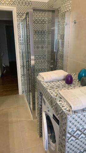 a bathroom with a washer and dryer on a counter at B&B La Grola in San Martino Buon Albergo