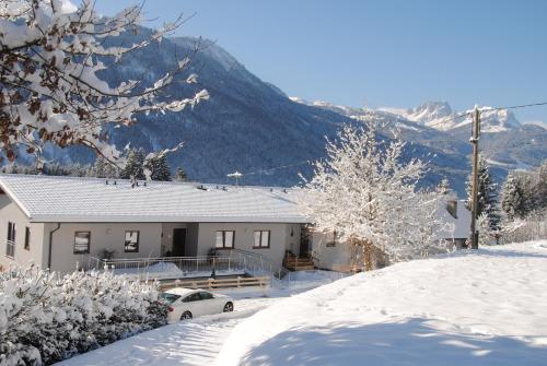 a house in the snow with a car parked in front at Kronhofer – Apartments & Erlebnis-Imkerei in Hermagor