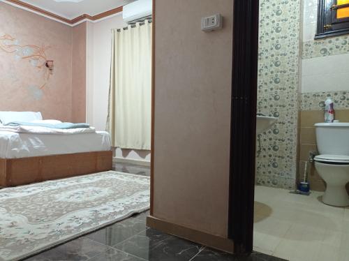 a bathroom with a bed and a toilet in a room at Royal Pyramids Inn in Cairo