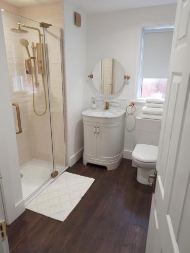 a bathroom with a shower and a sink and a toilet at Linroy Guest House in Skegness
