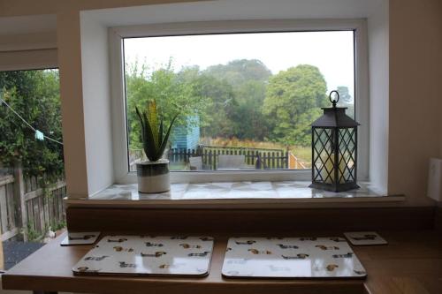 a window with a table in front of it with a plant at Bumblebee Cottage nestled in stunning countryside. in Barrowford