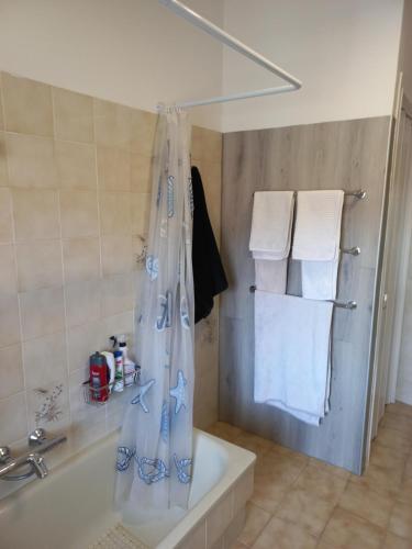 a bathroom with a tub and a shower with towels at The Englishmans Home in Cuglieri