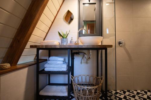 a bathroom with a sink and a shower at ליילה בגליל in Beit Hillel