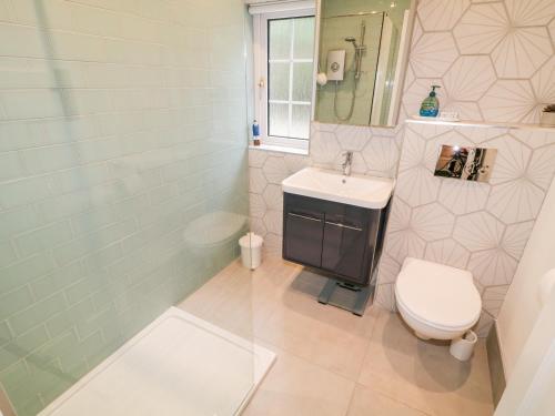 a bathroom with a toilet and a sink at Rocklea Seaside Cottage in Newcastle