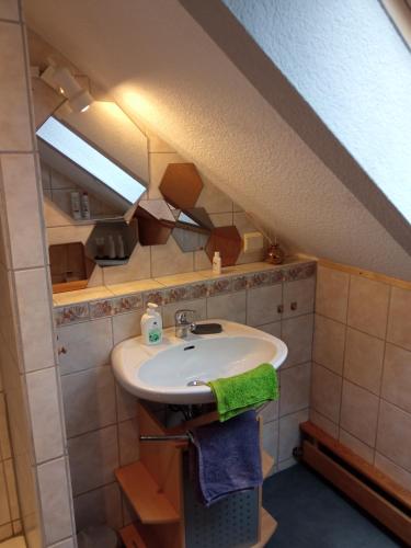 a bathroom with a sink and a window at GRÜNZEIT Ferienwohnung, die Natur vor der Haustüre in Cottbus