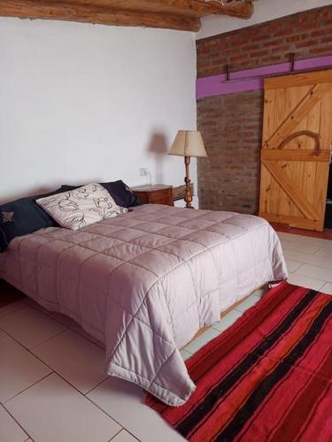 1 dormitorio con 1 cama y puerta de madera en Casa de huéspedes La vista en El Hoyo