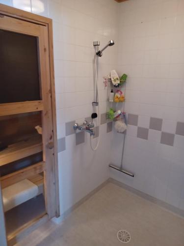 y baño con ducha y TV. en Peltorinne 14, en Savonlinna