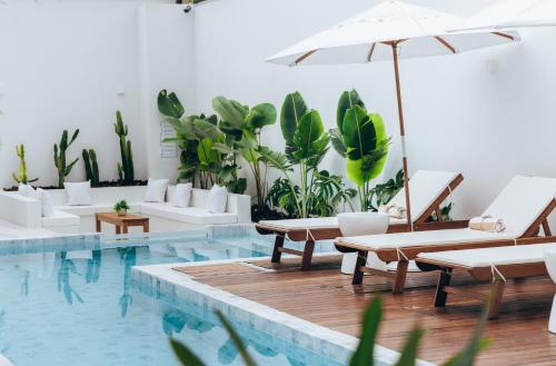 a swimming pool with lounge chairs and an umbrella at Olisa Hotel Boutique in Maresias