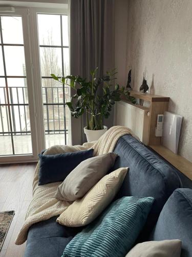 a blue couch with pillows on it in a living room at Niezapominajka przy Manufakturze in Łódź