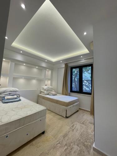 a bedroom with two beds and a large skylight at Villa Antalya Esiyok in Antalya