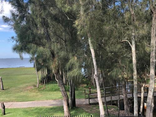 a park with a bench and trees and the ocean at The COCO in The Entrance