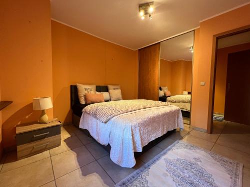 1 dormitorio con cama y espejo grande en Le Sancerrois, en Dinant