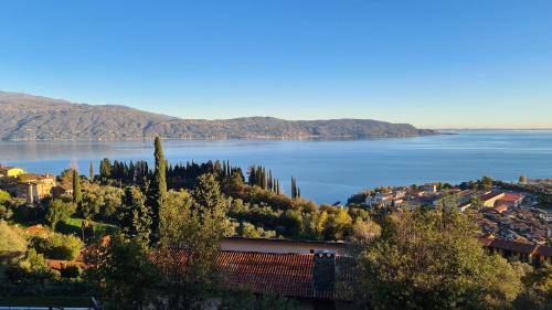 a view of a large body of water with houses and trees at Residence Virgilio Blue in Toscolano Maderno
