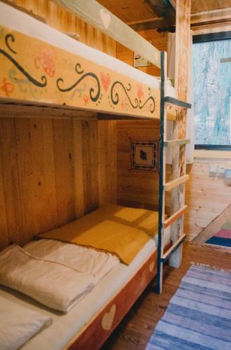 two bunk beds in a wooden room with a ladder at Fain in Lunca Bradului