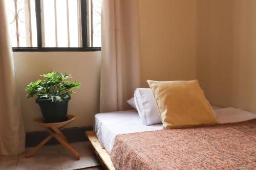 een slaapkamer met een bed en een potplant bij Charming 2-Bed House in Kampala in Kampala