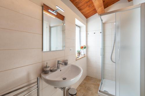 a bathroom with a sink and a shower at DOLF - Porta Gemina in Urbisaglia