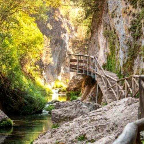 uma ponte de madeira sobre um rio num desfiladeiro em El Fresno Cazorla em Coto Rios