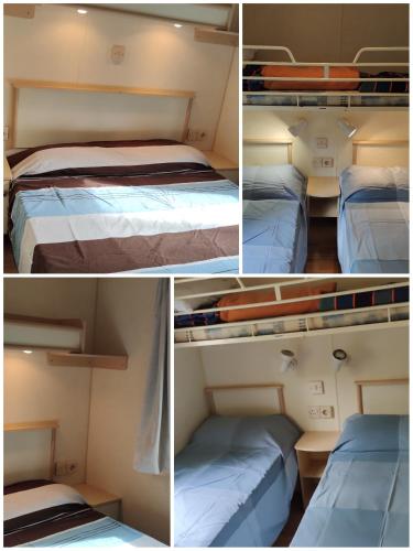 four different pictures of beds in a room at MBIMBE AGNES in Saint-Chéron