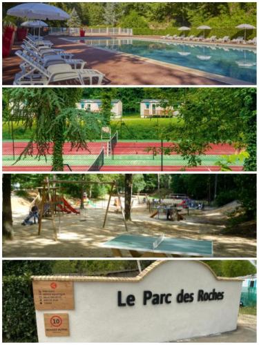 un collage de trois photos d'un parc avec une piscine dans l'établissement MBIMBE AGNES, à Saint-Chéron