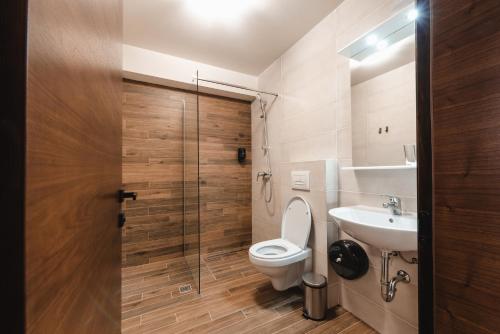 a bathroom with a toilet and a sink at Home NanoVid Self Check-In in Moviliţa