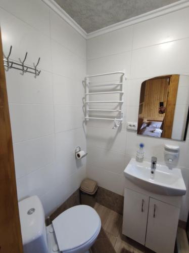 a white bathroom with a toilet and a sink at Котеджі Цімбори in Yablunytsya