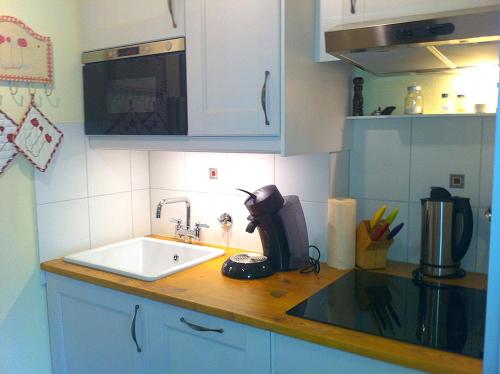 uma cozinha com um lavatório e uma bancada em App. Saal em Wenningstedt