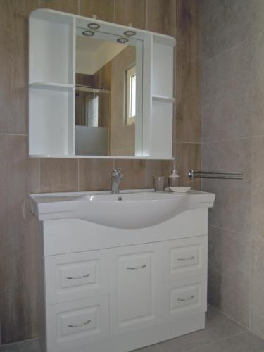a bathroom with a white sink and a mirror at Petaloudes in Kamilari