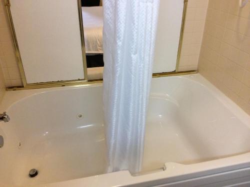 a white bath tub with a shower curtain in a bathroom at Wingate by Wyndham High Point Greensboro in High Point