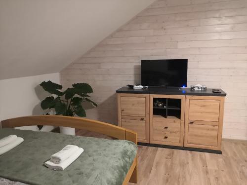PENZION BAŠKA VODA CZ في Baška: غرفة معيشة مع تلفزيون على خزانة خشبية