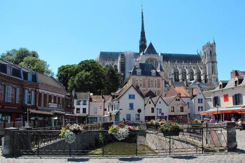 a city with a church and a bridge with flowers at Le cocon amiénois in Amiens