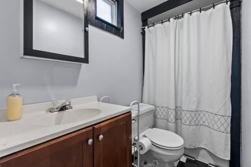 a bathroom with a sink and a toilet and a mirror at Downtown Guest House in Raleigh