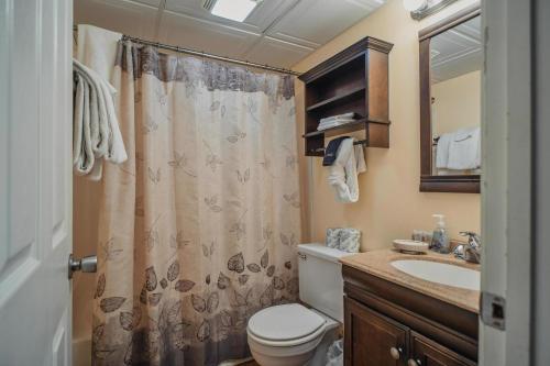 y baño con aseo, lavabo y ducha. en Oak Square - Unit 403, en Gatlinburg