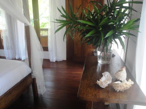 a table with a plant and a vase on it at Bobocha Siladen Boutique Resort in Bunaken
