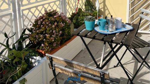 a wooden table with cups and plants on a balcony at Madò Apartments Egnazia in Bari
